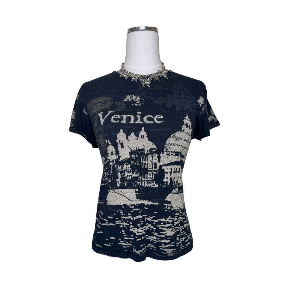Y2K Apt 9 Graphic Text Venice Rhinetone Black Baby Tee Top Size Large